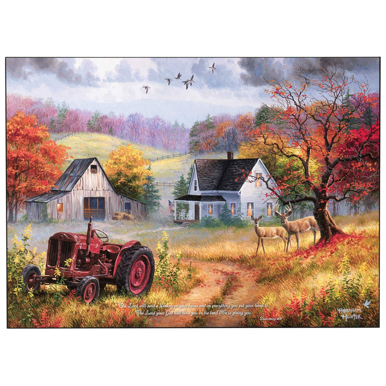 Wall plaque with farm cottage, tractor, and autumn trees in a countryside scene
