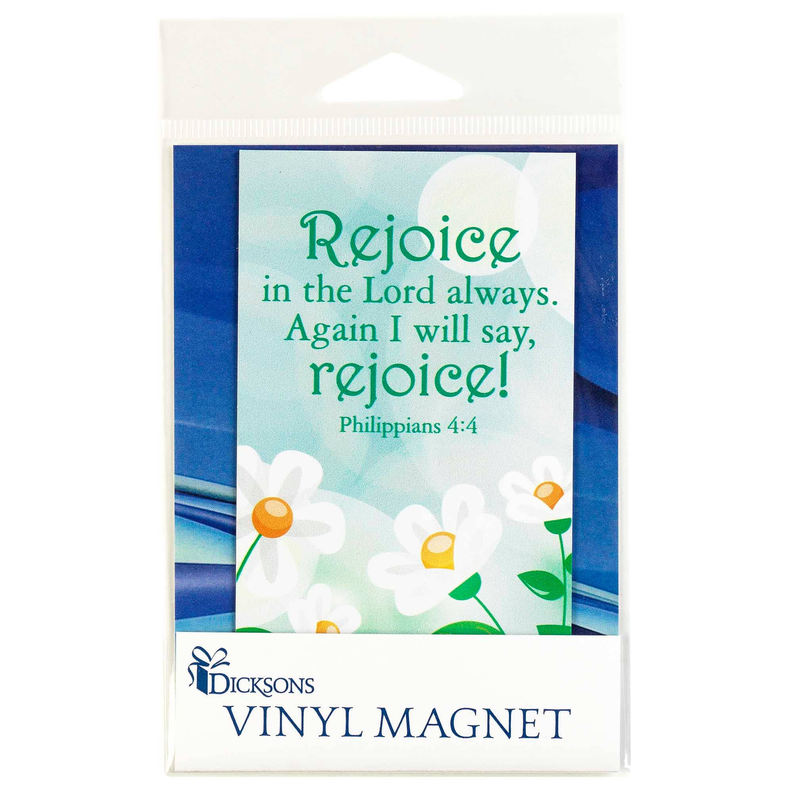 Vinyl magnet in retail pack, Rejoice verse text on blue floral background