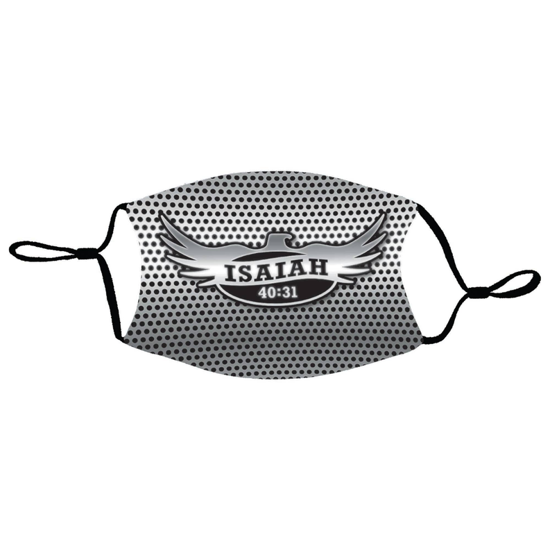 Isaiah 40:31 face mask with black dotted pattern and winged emblem at center