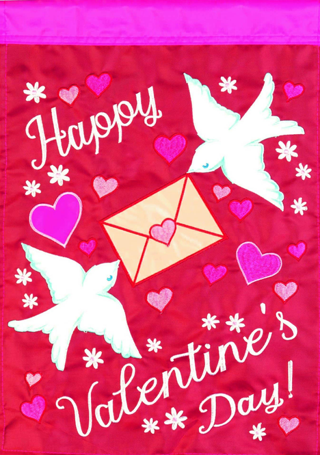 Valentine's Day flag with hearts, white doves, and envelope on red