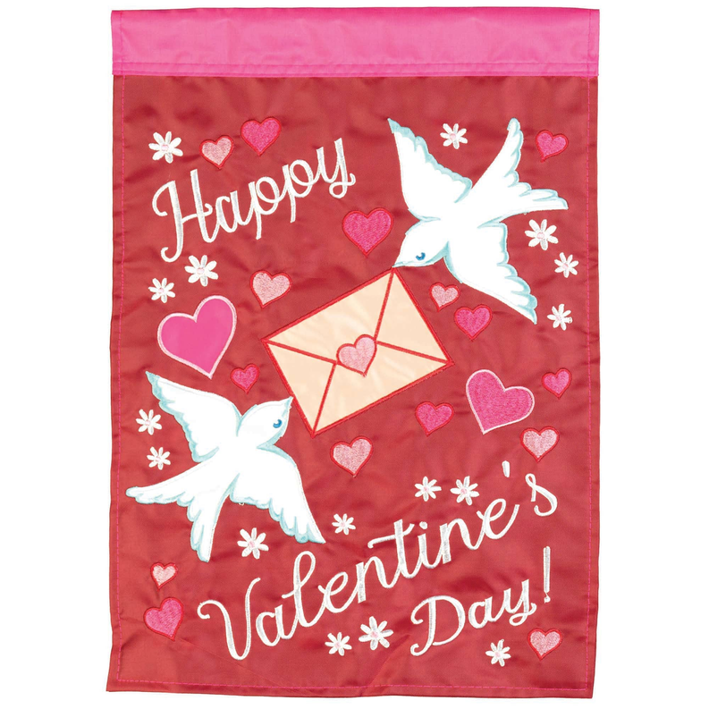 Valentine's Day hanging flag with hearts, white doves, and envelope; Happy Valentine's Day