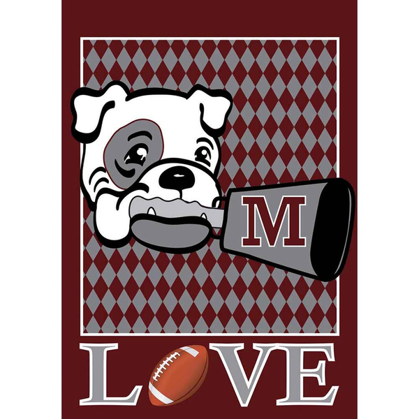 Bulldog garden flag with monogram M, LOVE text, and football graphic