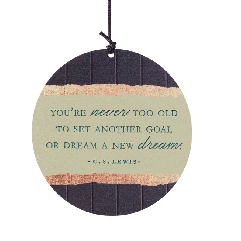 Round aluminum windchime medallion with quote text, dark striped design and cord
