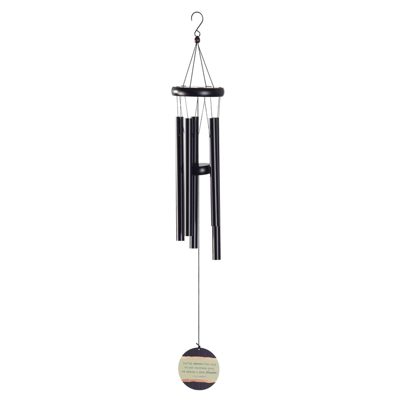 Aluminum windchime with dark metal tubes and hanging circular quote tag at bottom