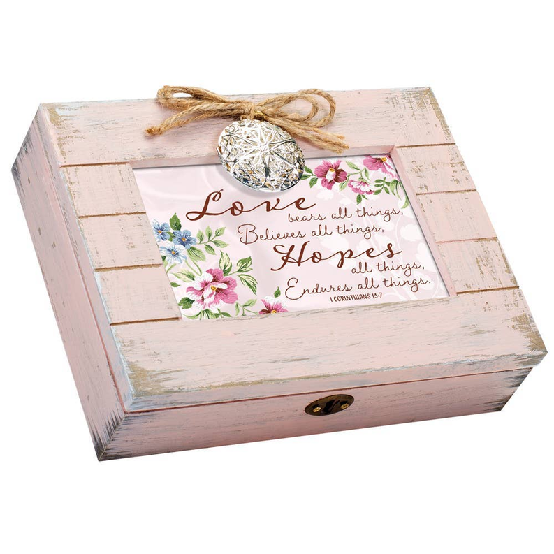 Wooden keepsake box front with floral quote panel and twine pull