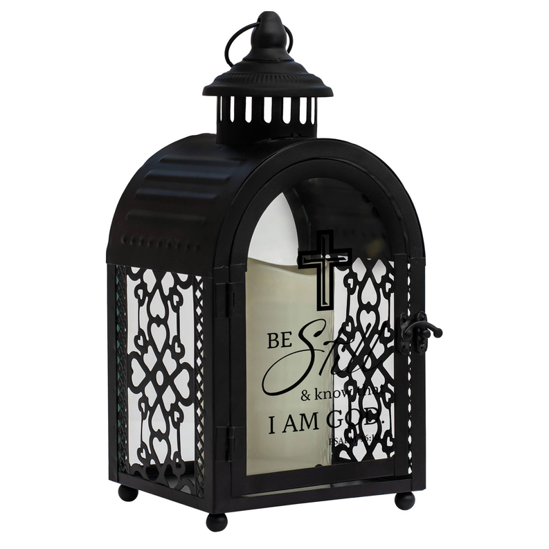 Black decorative lantern with cross and Psalm 46:10 text panels