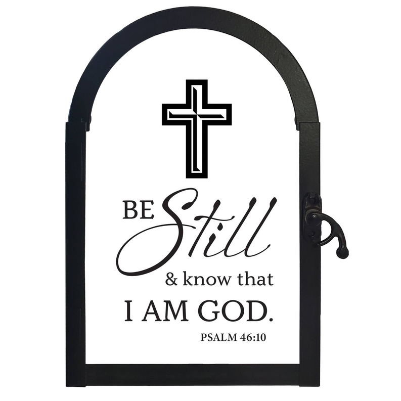 Black decorative lantern door with cross and "Be Still & know that I AM GOD"