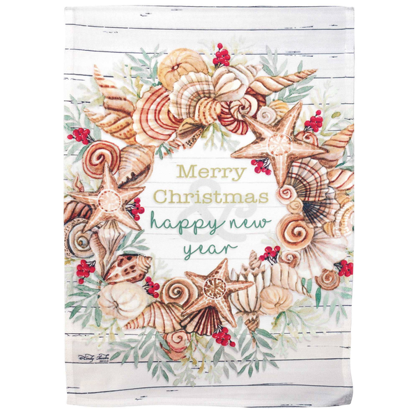 Coastal Christmas garden flag with seashell wreath, starfish, and Merry Christmas text