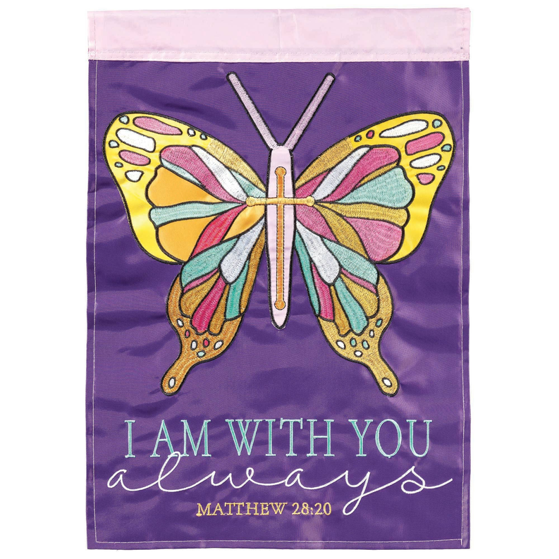 Purple butterfly flag with 'I AM WITH YOU' and 'Matthew 28:20' text