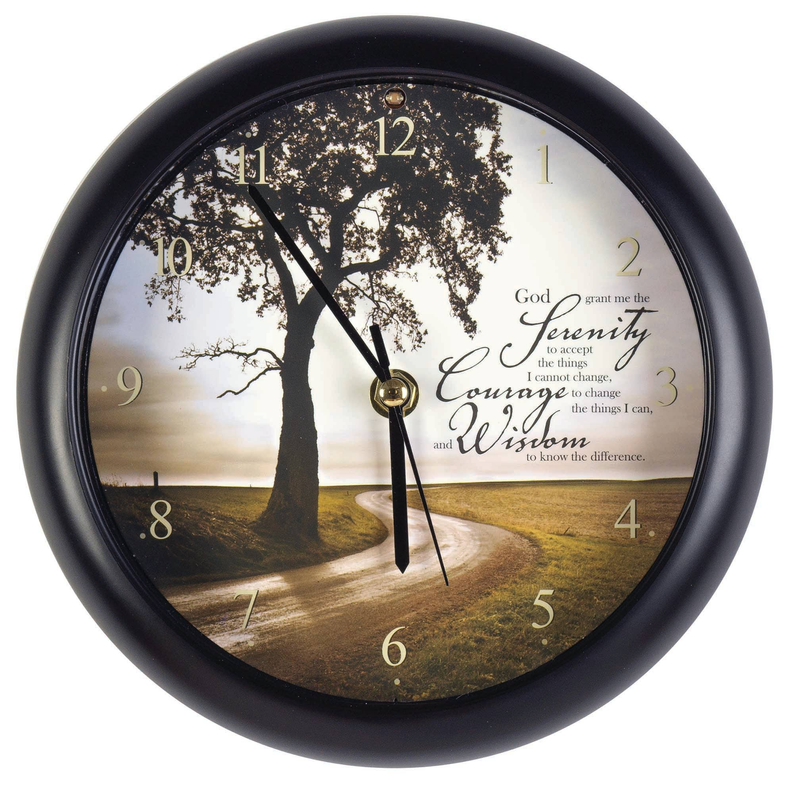 Black rim musical wall clock with scenic tree dial, gold hands and numerals