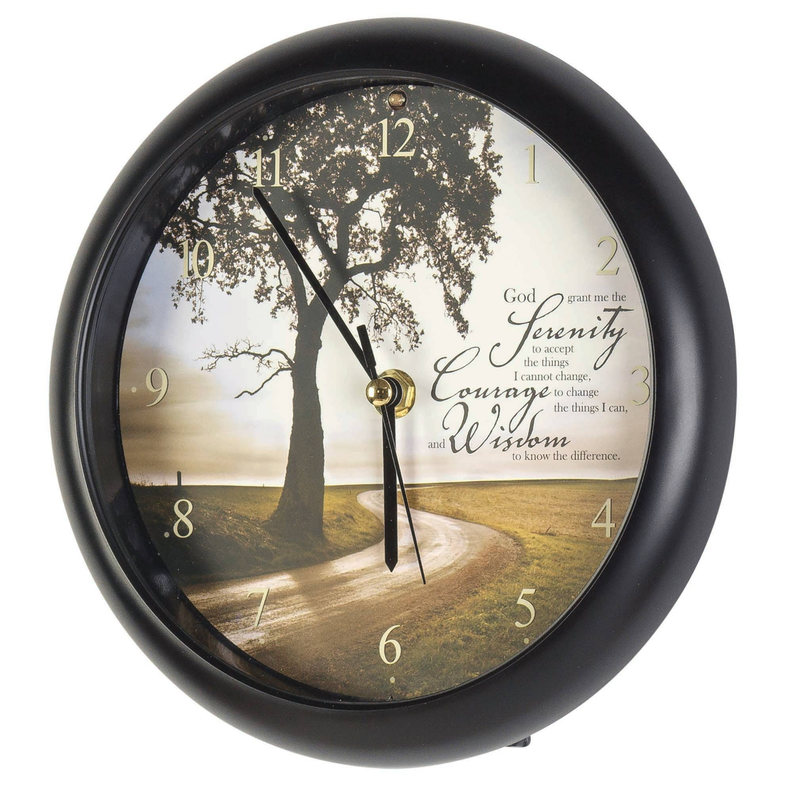 Black rim wall clock with scenic tree dial, gold hands and Serenity Prayer text