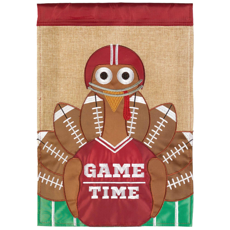 Football turkey field flag with maroon turkey football mascot, beige fabric, green stripe border