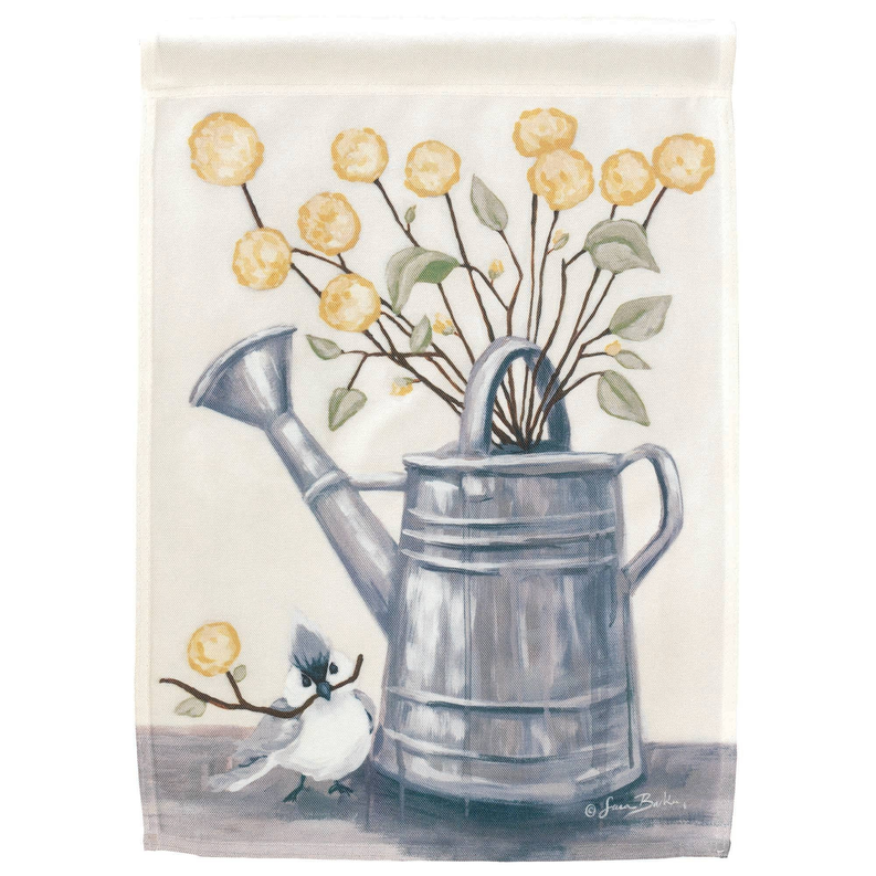 Garden house flag with watering can, yellow flowers, and a small blue bird