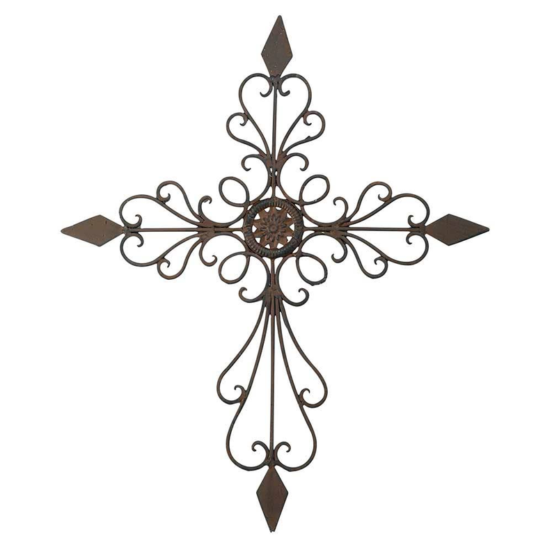 Rust metal wall cross with ornate scrollwork and circular center medallion