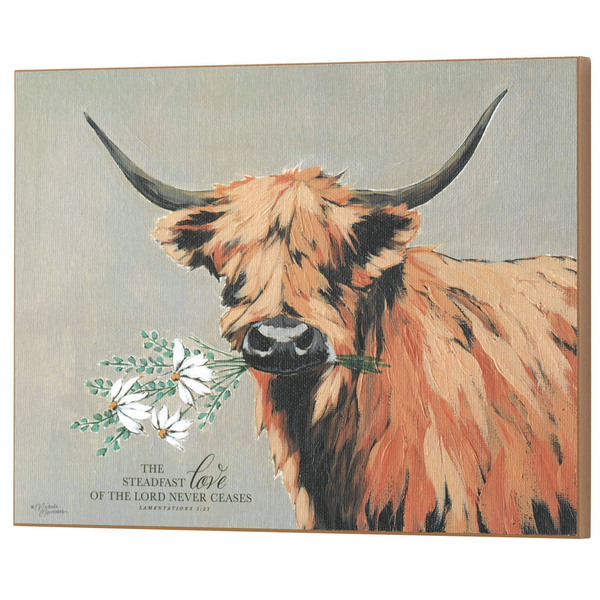 Wooden wall plaque with highland cow portrait, floral accents, and love quote
