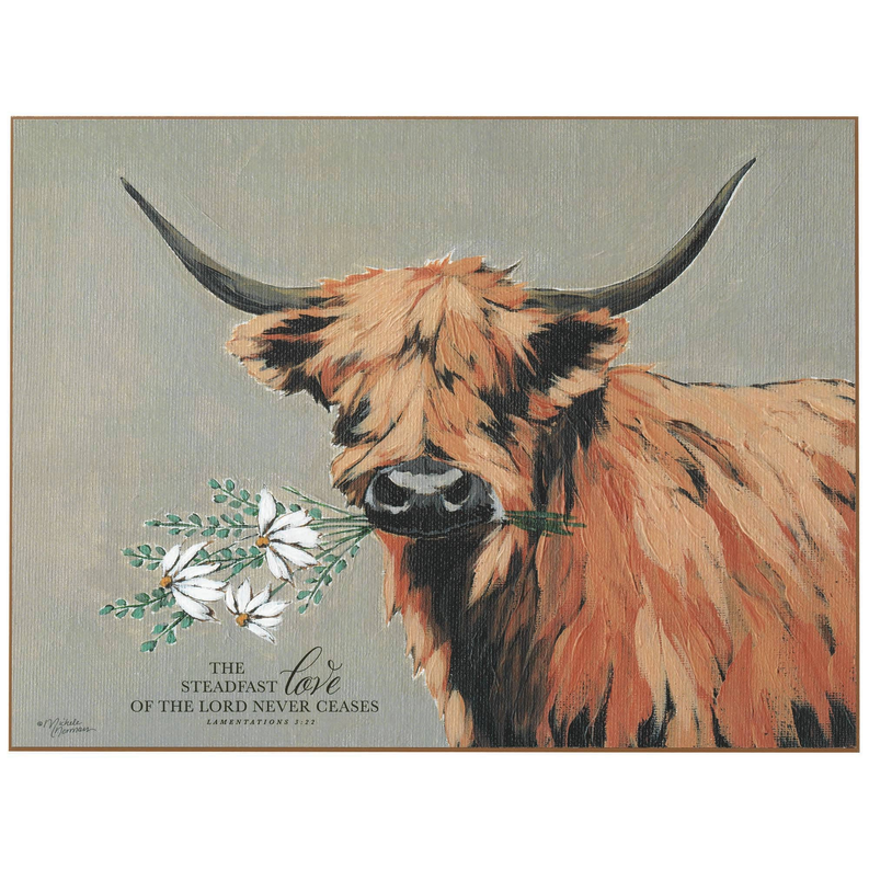 Framed wall plaque featuring highland cow with daisy bouquet and steadfast love text