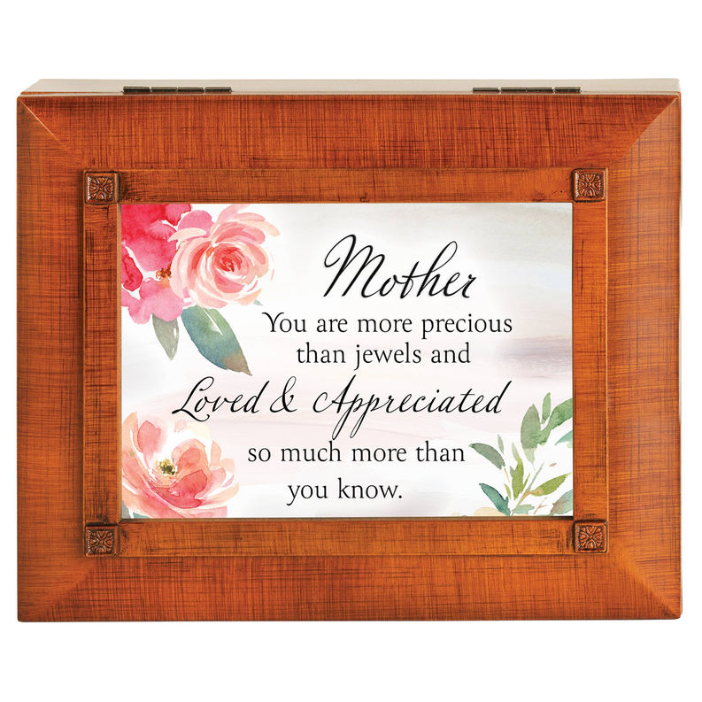 Wooden jewelry box front panel with floral card and “Mother” message, framed look