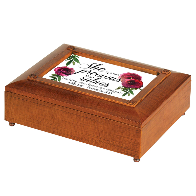 Brown wood jewelry box with floral scripture panel on lid and four corner feet