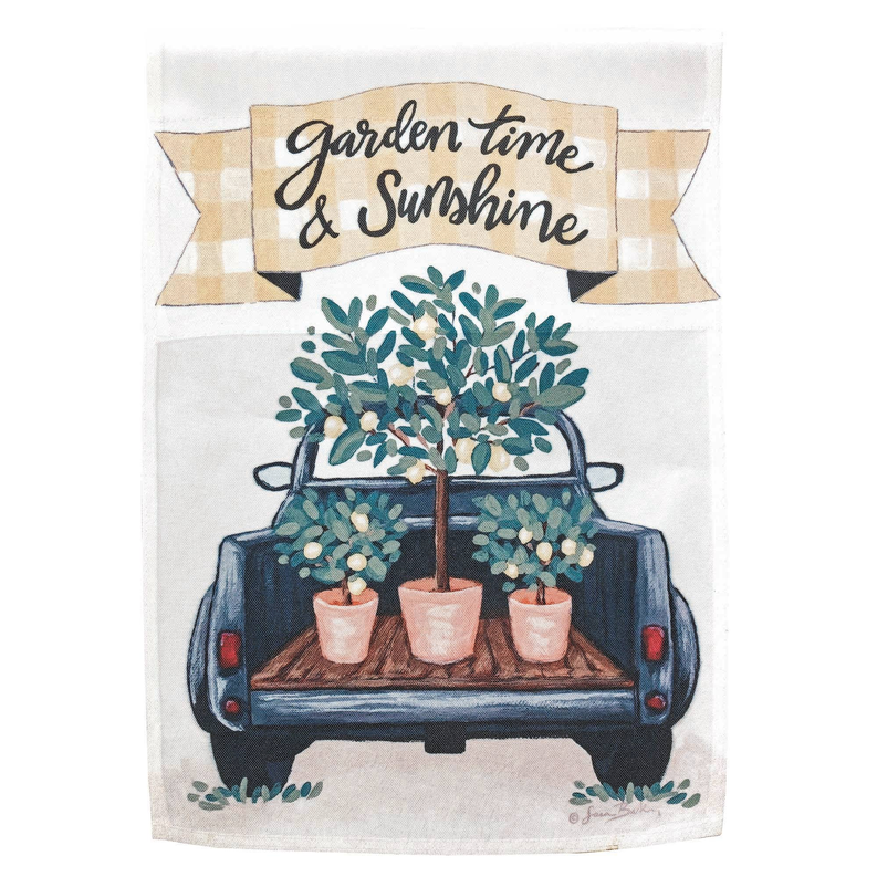 Garden flag with "Garden Time & Sunshine" text and lemon truck print
