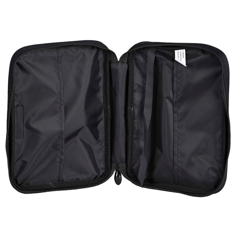 Black Bible cover with open fold, interior pockets and zipper closure