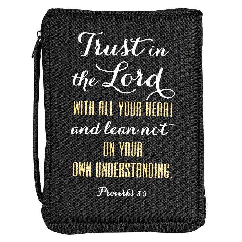 Black Bible cover with 'Trust in the Lord' scripture print and zipper closure