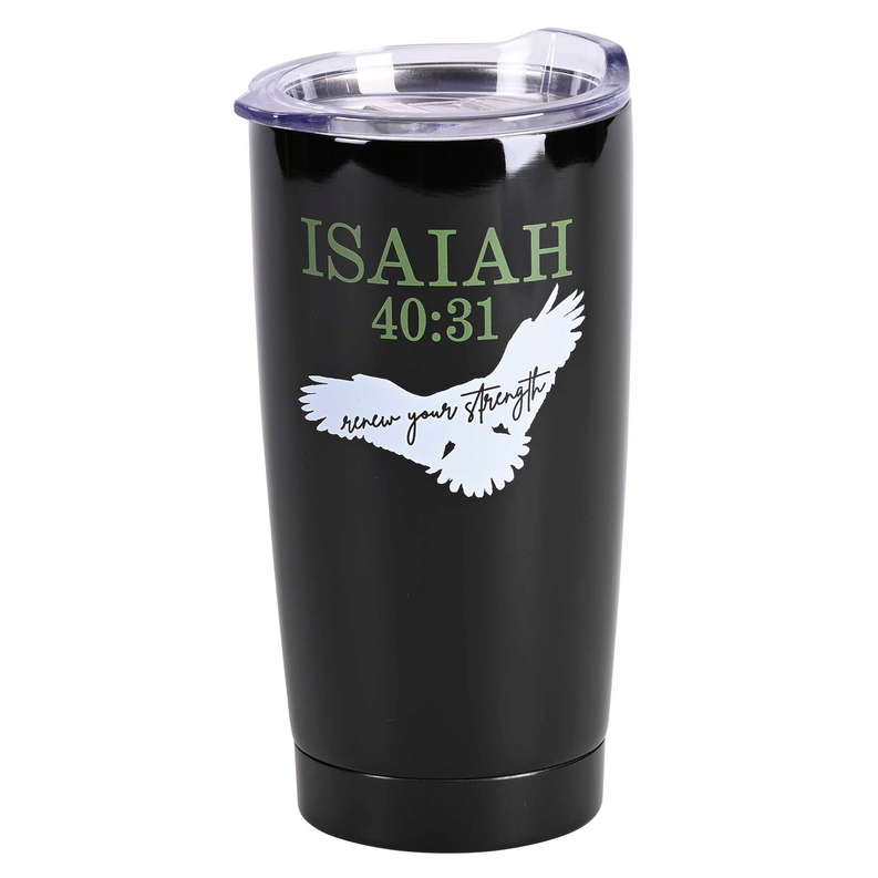 Black tumbler with Isaiah 40:31 eagle graphic and clear flip-top lid