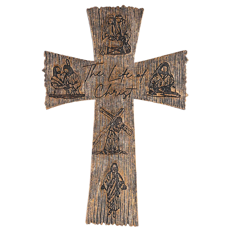 Dark brown textured resin wall cross with Christ figure below and side panels, 12 in