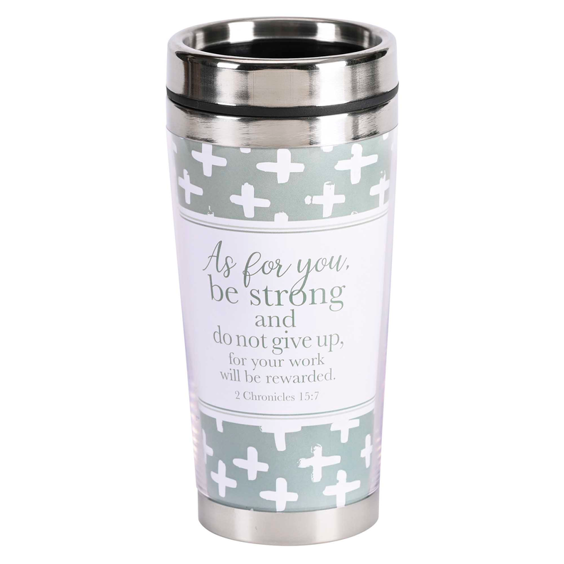 Travel mug with stainless lid, white body, green cross pattern and inspirational quote