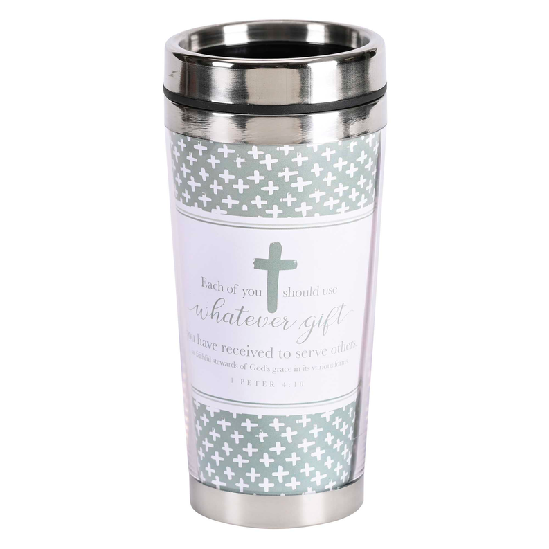 Travel mug with stainless lid, white body, green cross pattern and 'Whatever gift' text