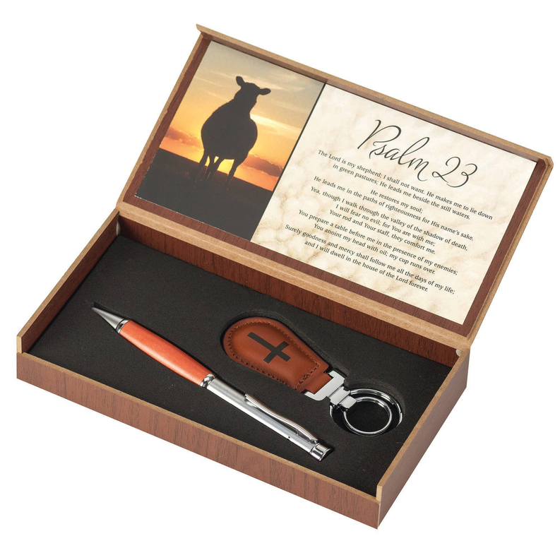 Wooden gift box with black pen, keyring, and Psalm 23 card with cross emblem