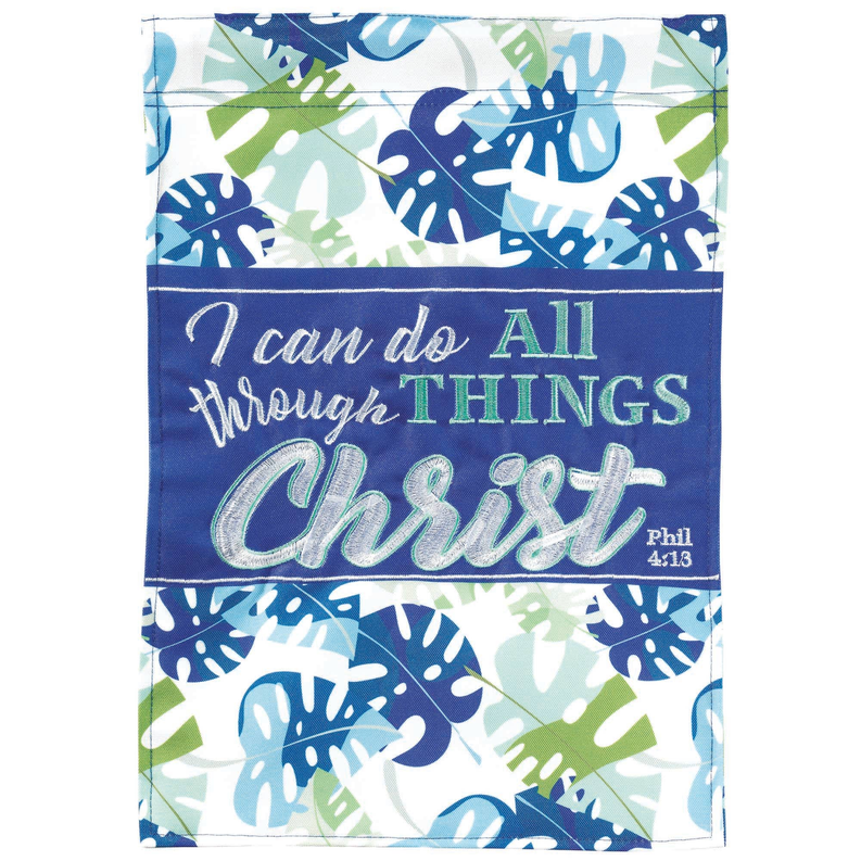 Garden flag with blue scripture text and white script reading, leafy blue-green pattern