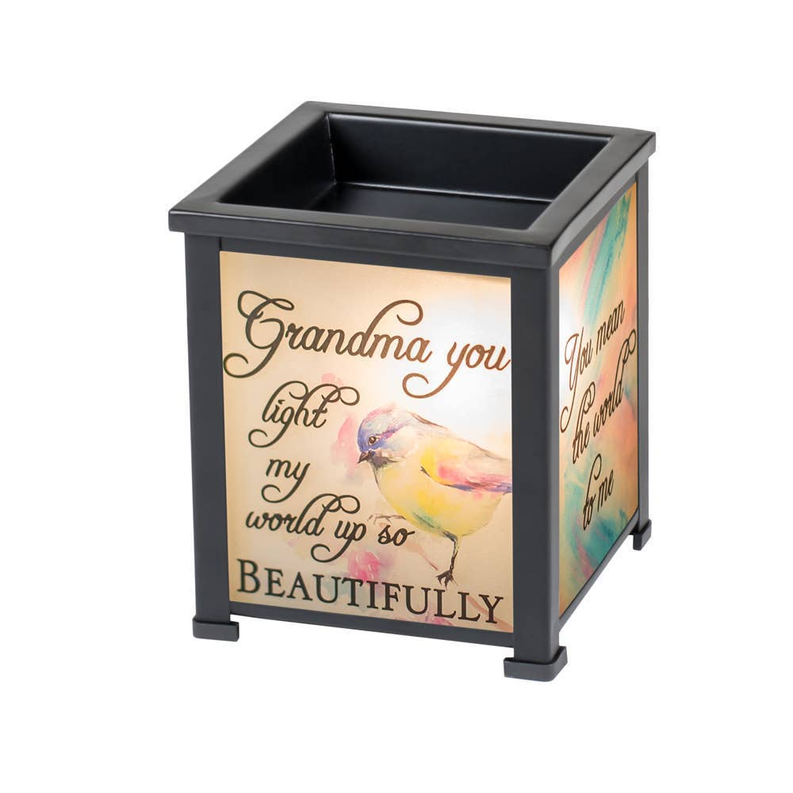 Black glass lantern warmer with devotional verse, bird graphic, and four-sided panels