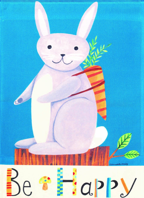 Blue bunny polyester flag with striped pouch; 'Be Happy' text with mushroom and leaves