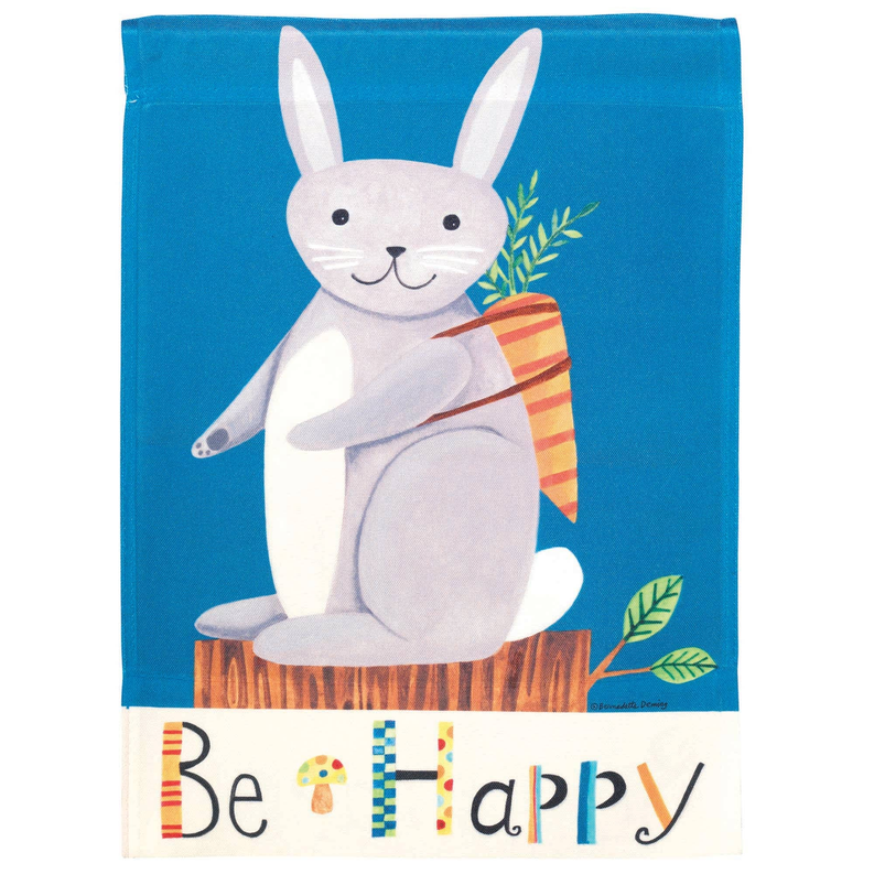 Blue bunny polyester flag with striped pouch and 'Be Happy' text with leaves
