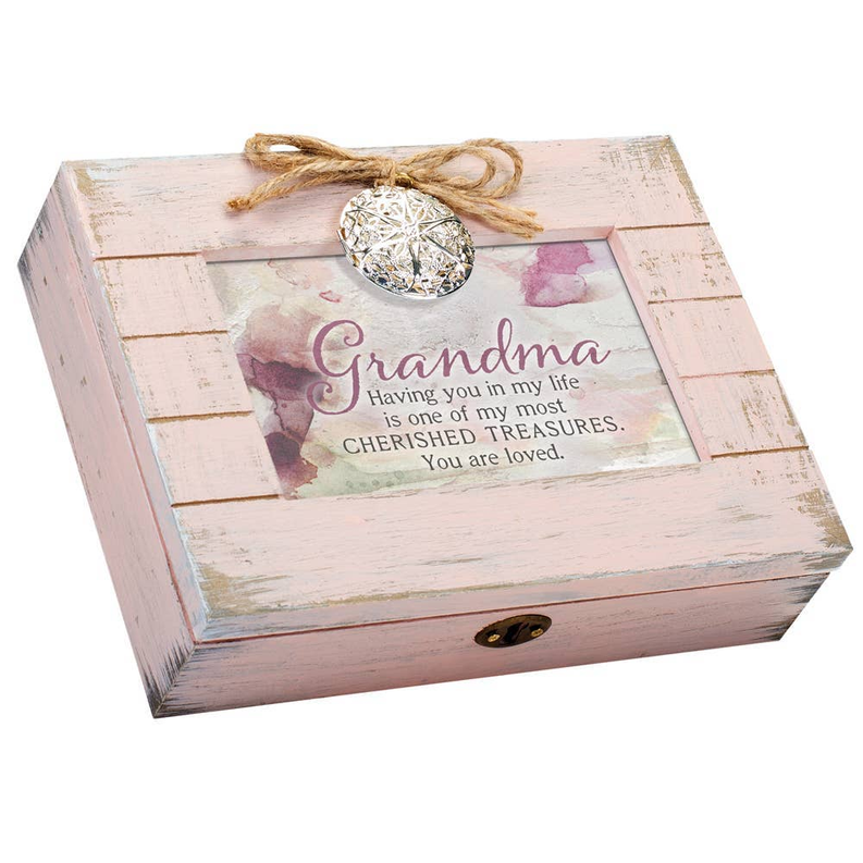 Pink-and-white wooden keepsake box with Grandma message and silver round charm