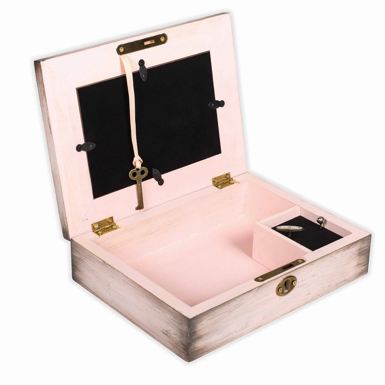 Open pink wooden keepsake box with black insert, metal key hardware, two compartments
