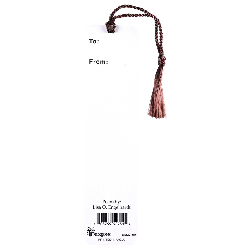 Coffee bookmark back with To/From lines, barcode, and Dicksons logo with tassel.