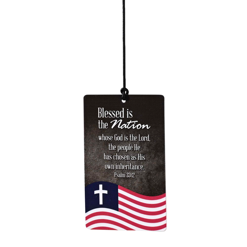 Wind chime hanging tag reading Blessed is the Nation with American flag graphic.