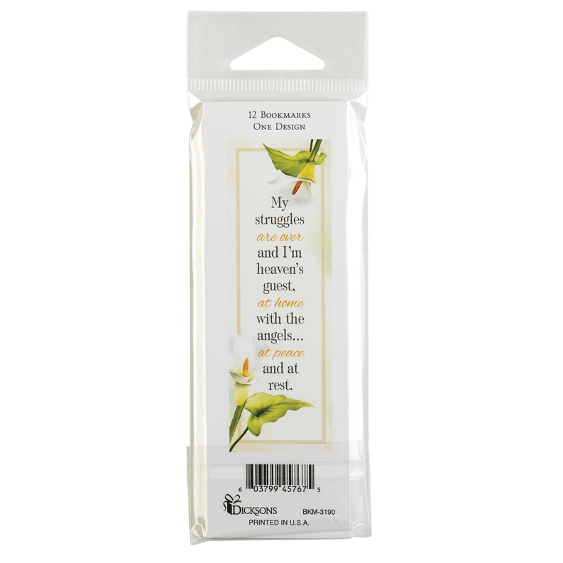 Packaged bookmark set in clear bag with green flower art and 'My struggles are over' quote