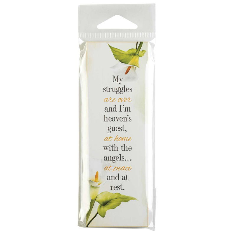Packaged bookmark set in clear bag with green flower art and 'My struggles are over' quote