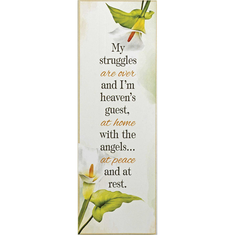 Single bookmark with green flower illustration and 'My struggles are over' quote on cream card