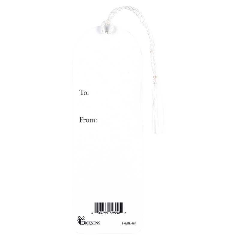 White tassel bookmark with To/From fields and barcode, hanging cord loop