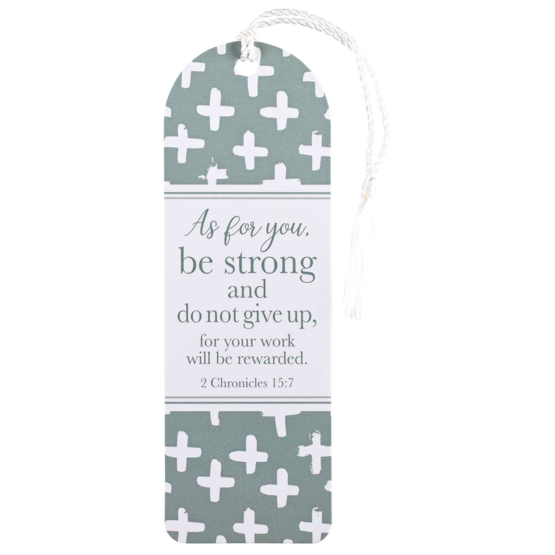 Green patterned tassel bookmark with crosses and scripture quote, hanging cord