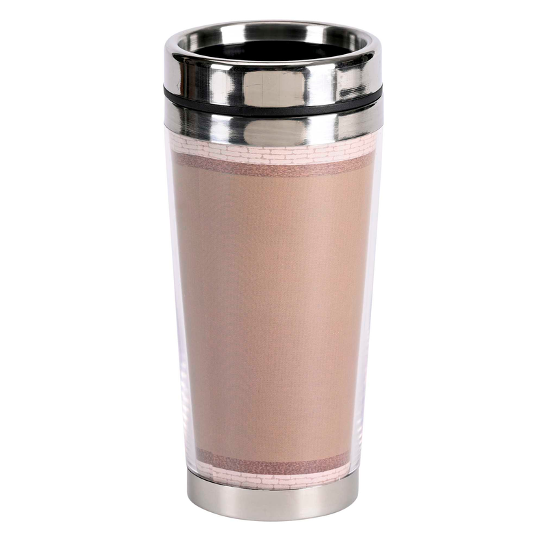 Stainless steel travel mug with black lid, pink-beige body