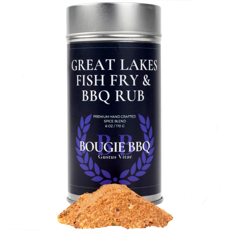 Great Lakes Fish Fry & BBQ Rub seasoning can with orange rub pile