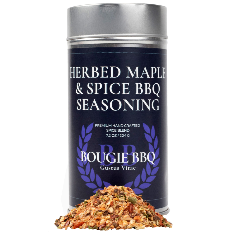 Herbed Maple & Spice BBQ Seasoning can with herb seasoning pile