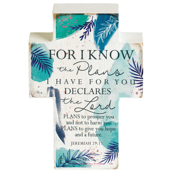 Tabletop cross plaque with Bible verse text and blue-green leaf design