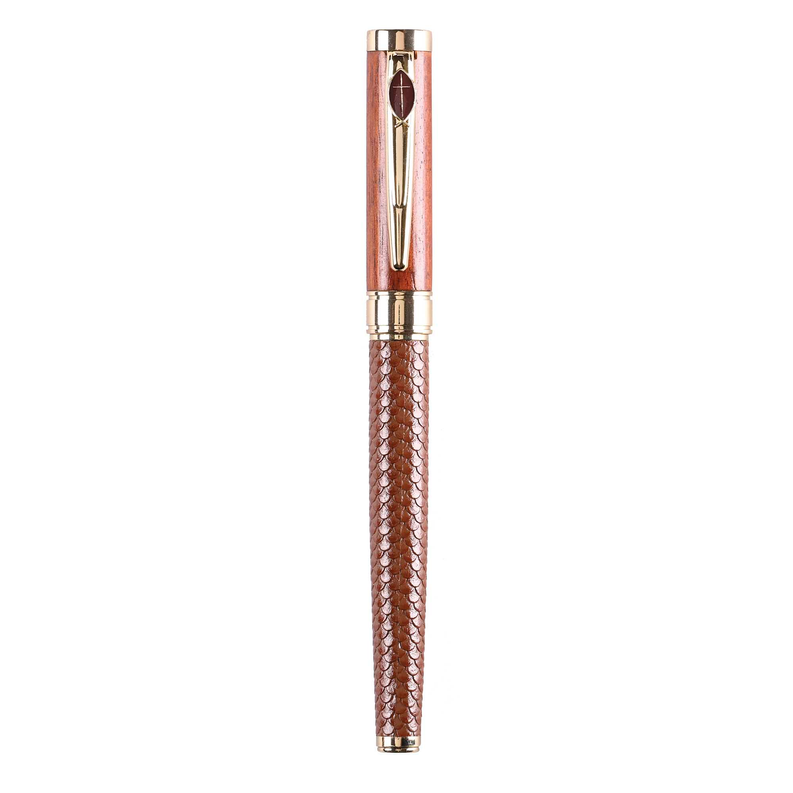 Brown ballpoint pen with textured grip and gold accents, cross and ichthys emblem