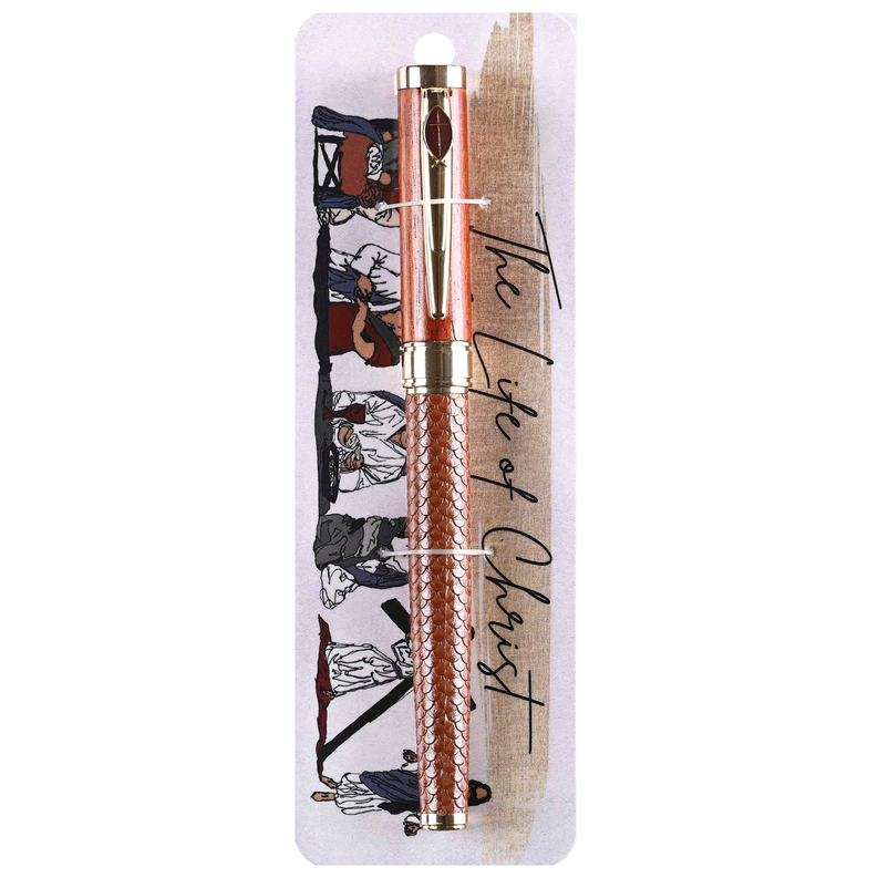 Brown textured ballpoint pen with gold cap and cross/ichthys emblem