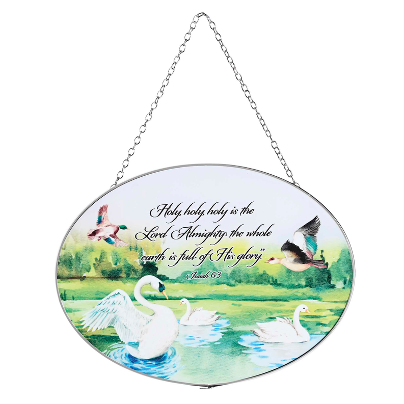 Hanging oval suncatcher with chain, swans and ducks, green scenery, Isaiah 6:3 verse text.
